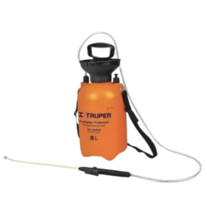 Fumigador agrícola Truper con capacidad de 5 litros y una presión de trabajo de 38 psi. Incluye lanza ajustable, manguera reforzada y válvula de liberación de presión.