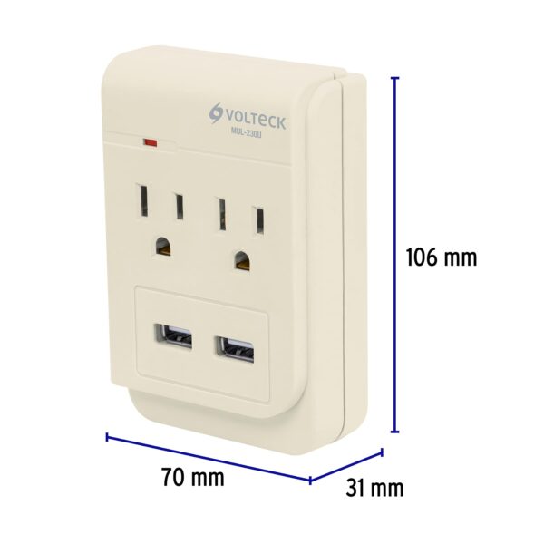 Multicontacto con 2 Entradas y 2 Puertos USB Aterrizado - Protección contra Sobrecargas - Imagen 3