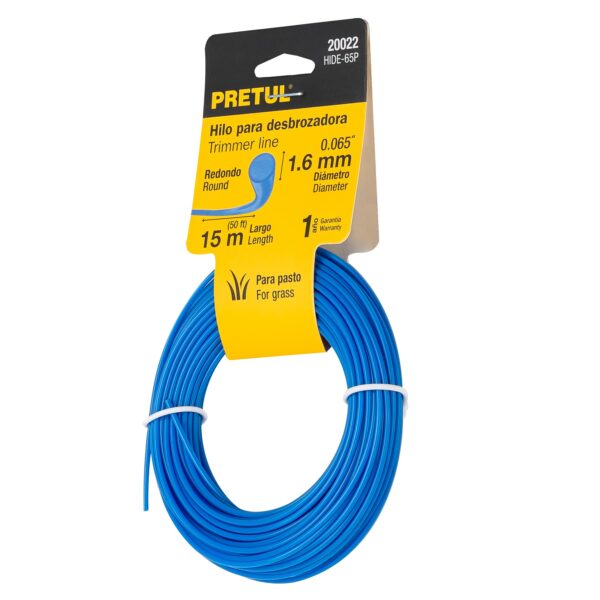 Imagen de un hilo redondo para desbrozadora color azul con la marca Pretul. Con un diámetro de 1.6 mm y un largo de 15 metros