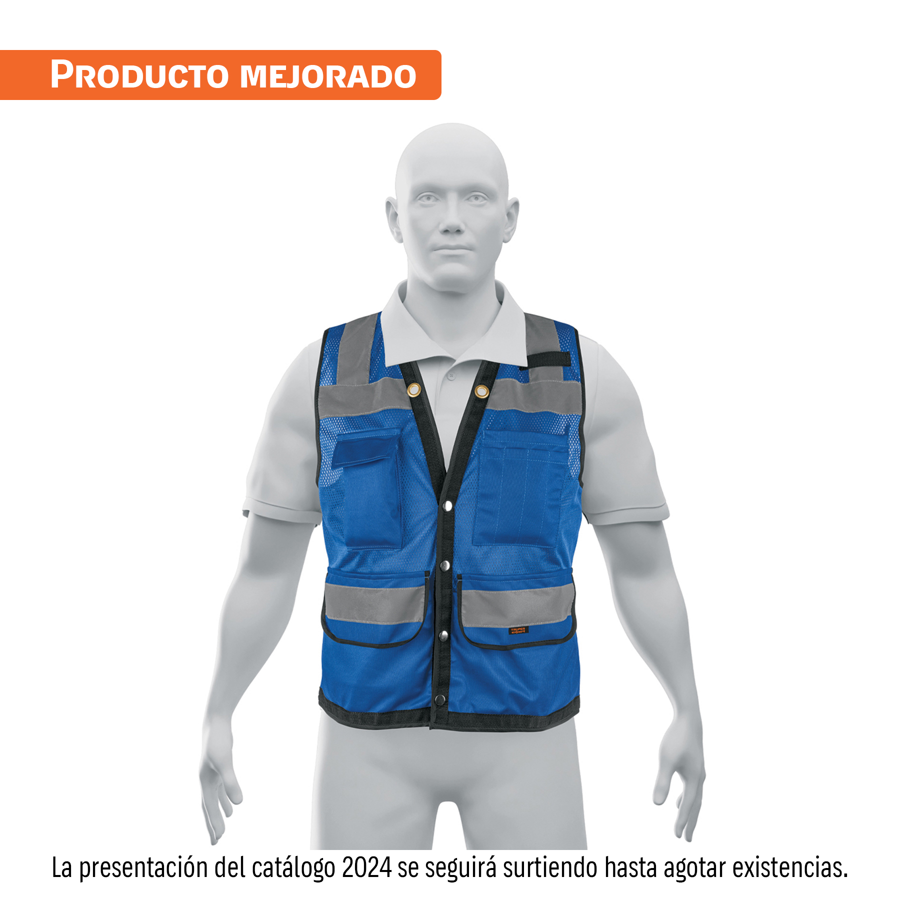 Chaleco seguridad reforzado azul con bolsas, XL, Truper Expert en Guatemala