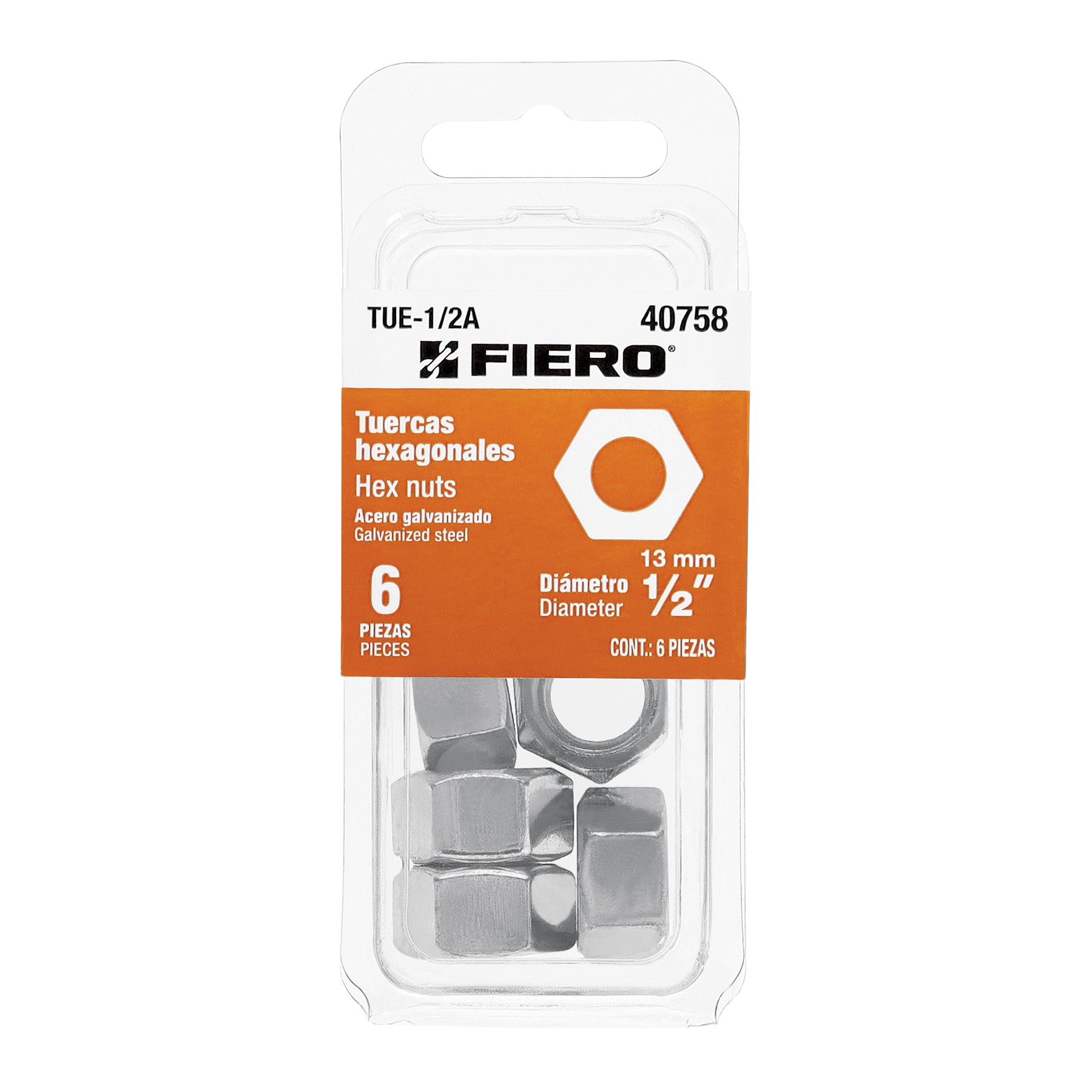 Blíster con 6 tuercas 1/2 pulgadas hex de acero galvanizado, Fiero, Fiero en Guatemala