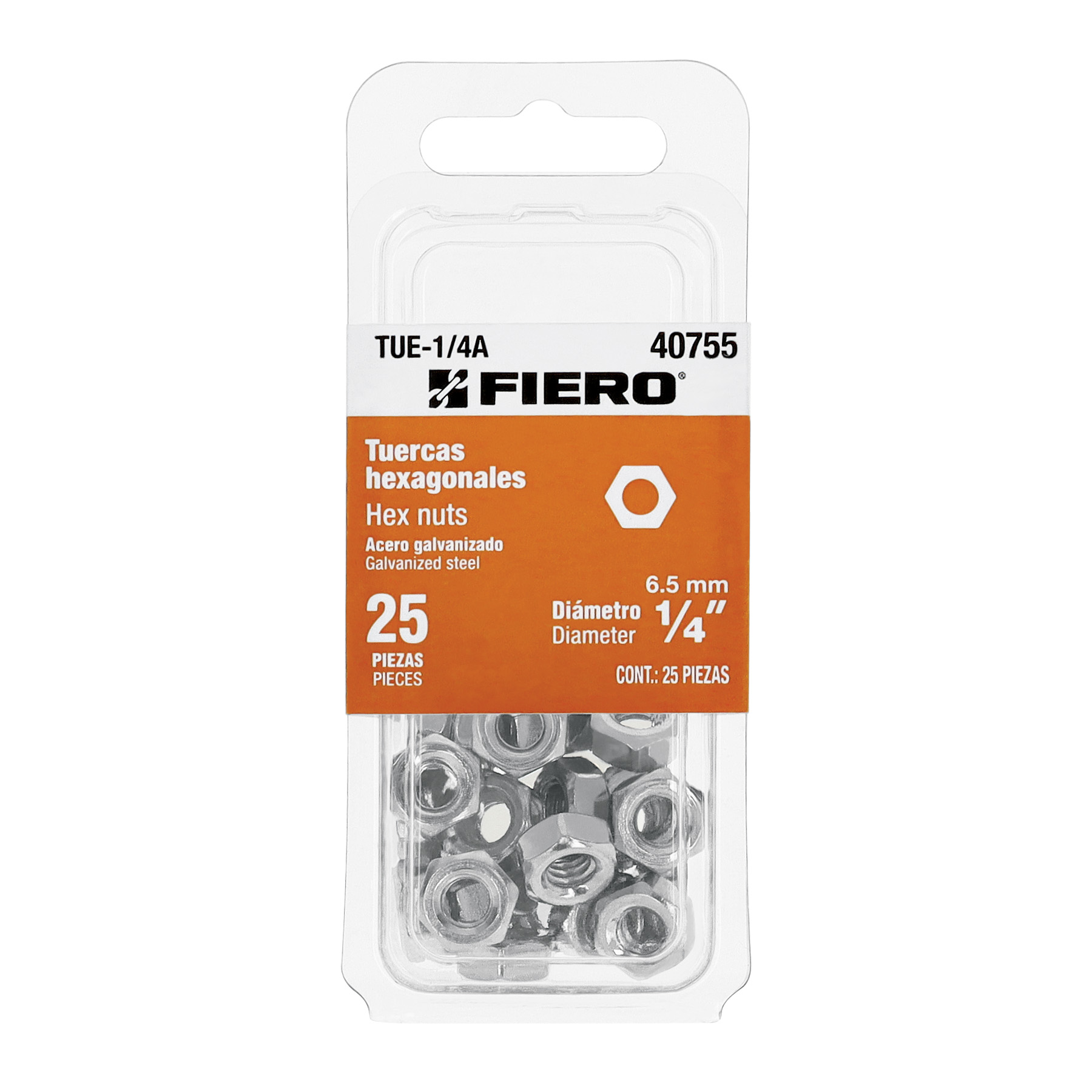 Blíster con 25 tuercas 1/4 pulgadas hex de acero galvanizado, Fiero, Fiero en Guatemala