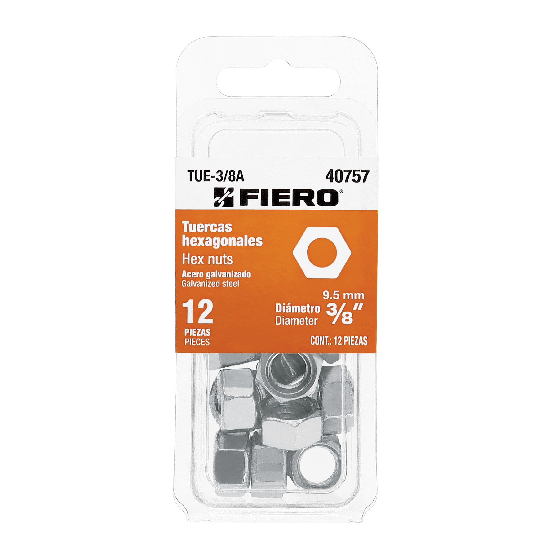 Blíster con 12 tuercas 3/8 pulgadas hex de acero galvanizado, Fiero, Fiero en Guatemala